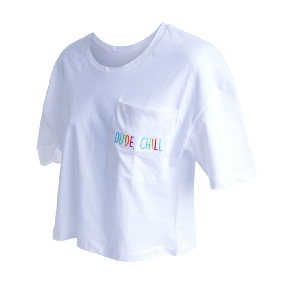 ‘Dude Chill’ Embroidered Crop Top